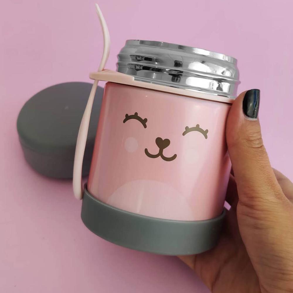 Kit Babador de Silicone Impermeável com Bolso e Pote Térmico com Talher Buba Rosa