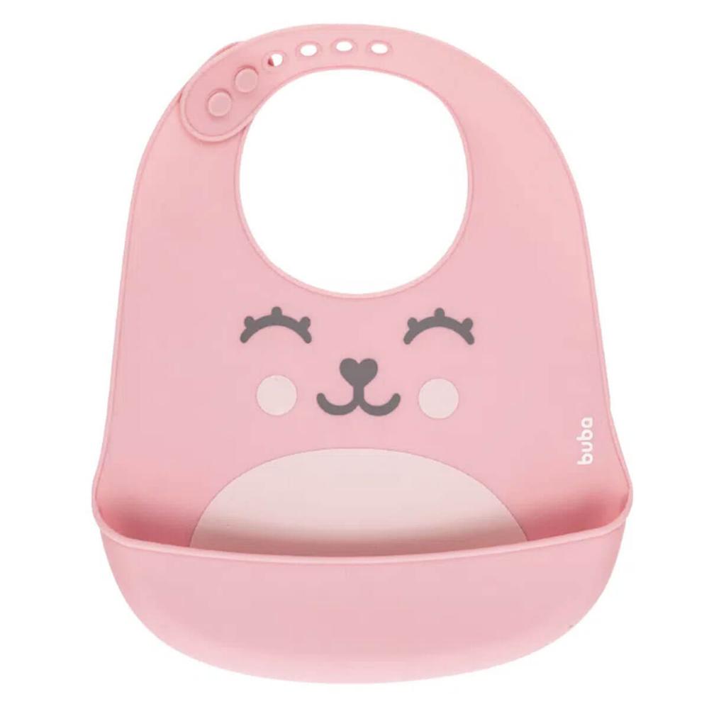 Kit Babador de Silicone Impermeável com Bolso e Pote Térmico com Talher Buba Rosa