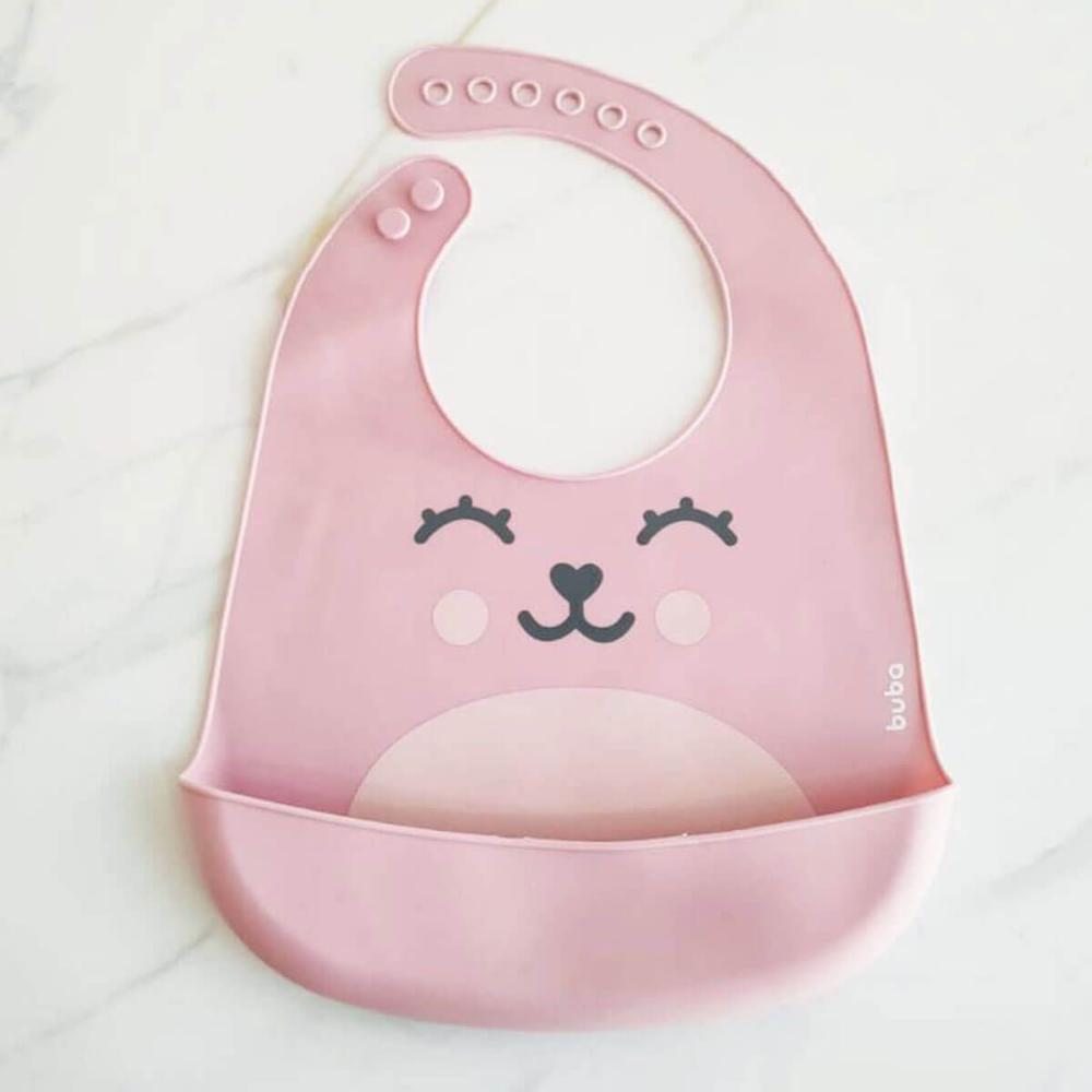 Kit Babador de Silicone Impermeável com Bolso e Pote Térmico com Talher Buba Rosa