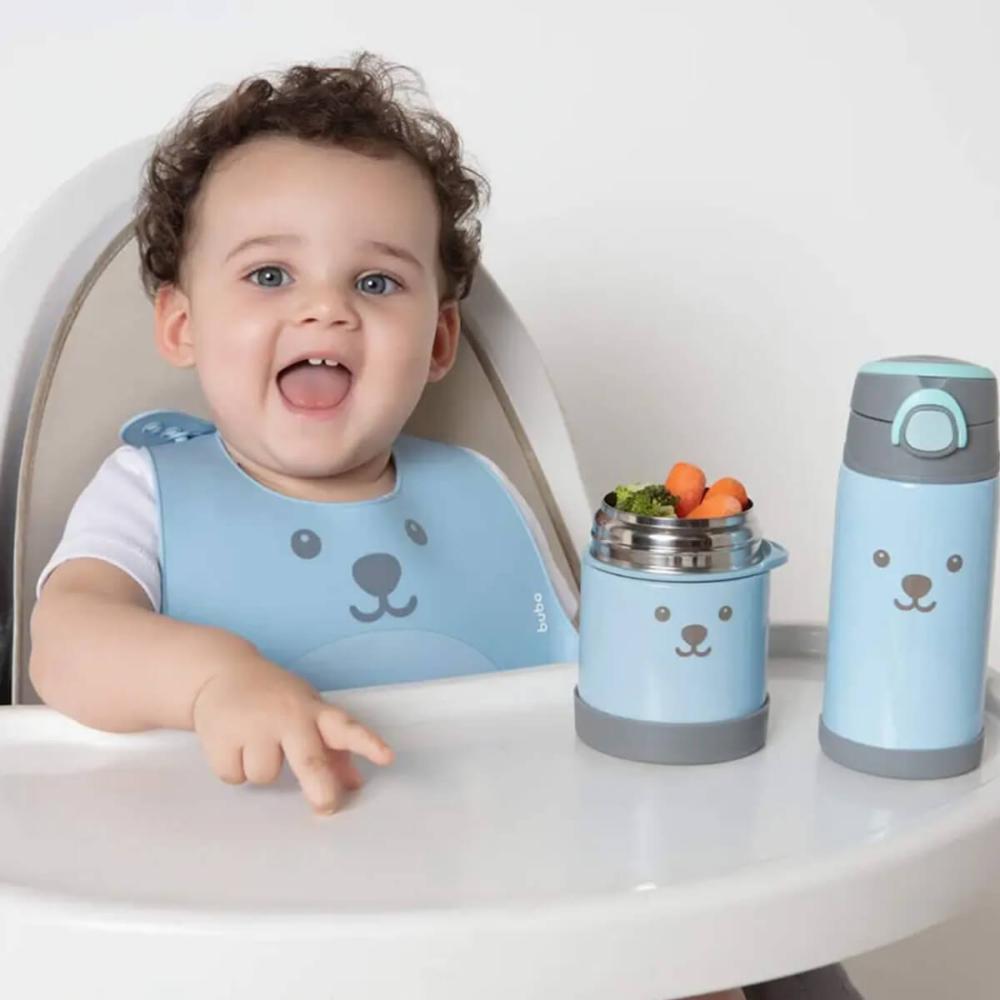Kit Introdução Alimentar Bebê Buba Gumy Azul Garrafa Pote Térmicos Babador Potinhos P M G
