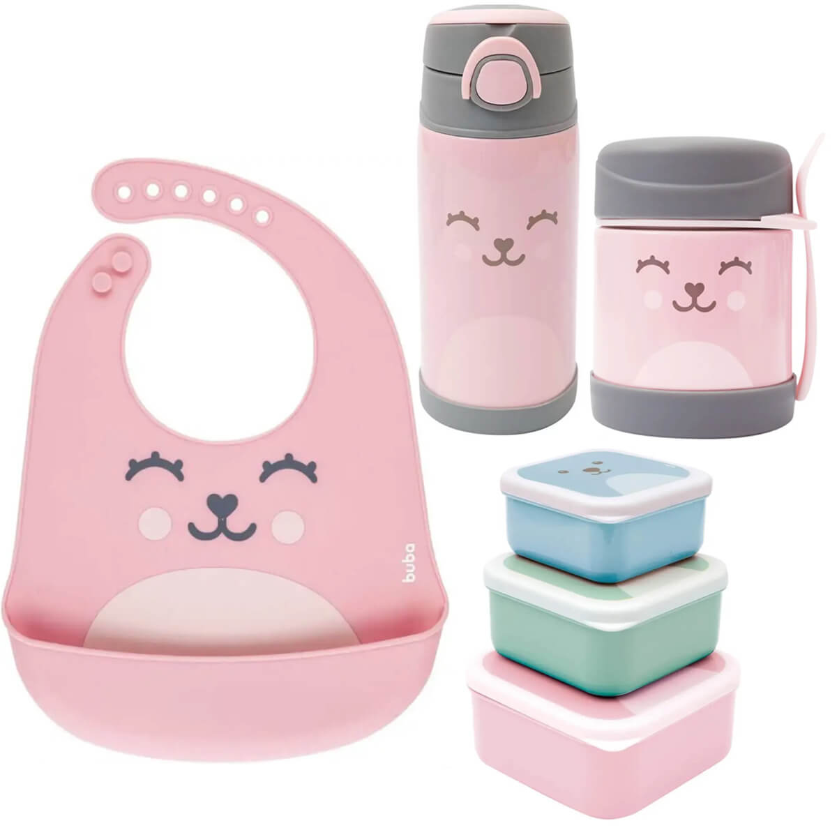 Kit Introdução Alimentar Gumy Buba Rosa Babador Potes Garraf