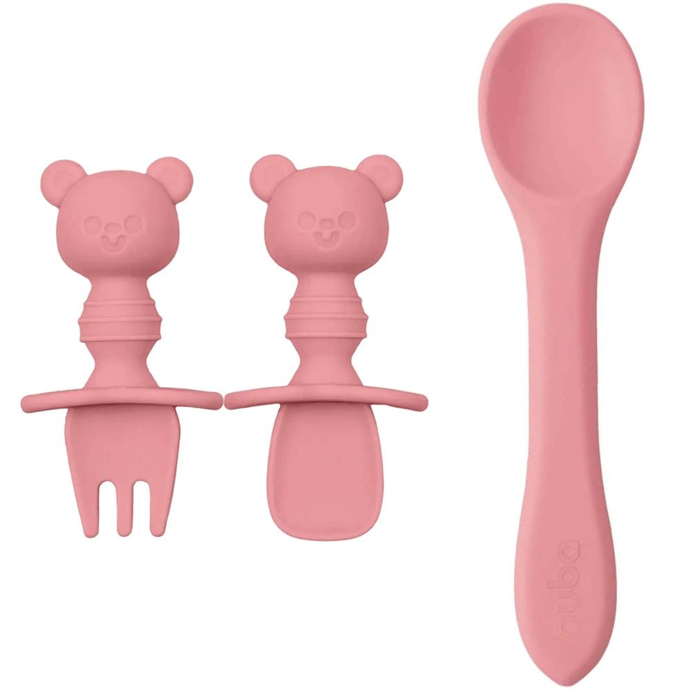 Kit Talheres Bebê Ursinho Buba Garfo Colheres Silicone Rosa