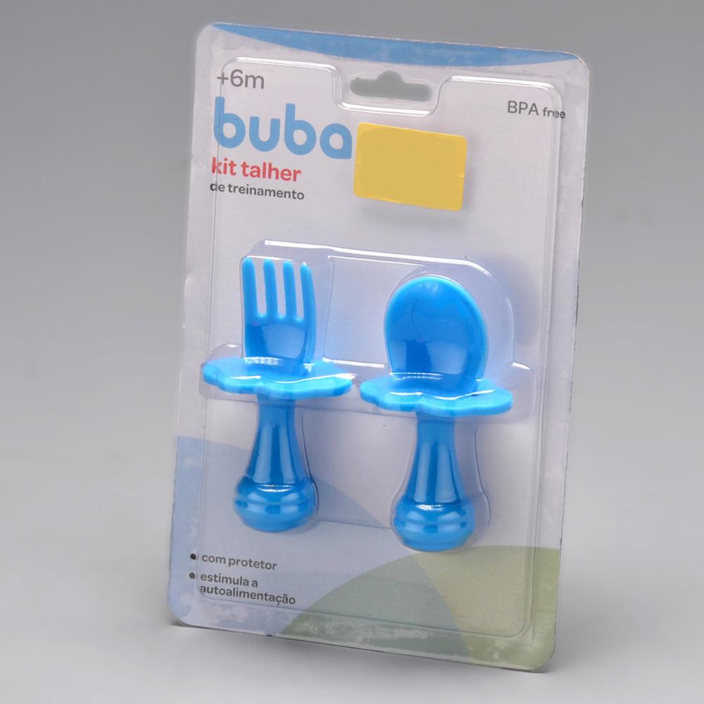 Kit Talheres de Treinamento Buba Colher e Garfo para Bebê com Escudo Limitador Azul
