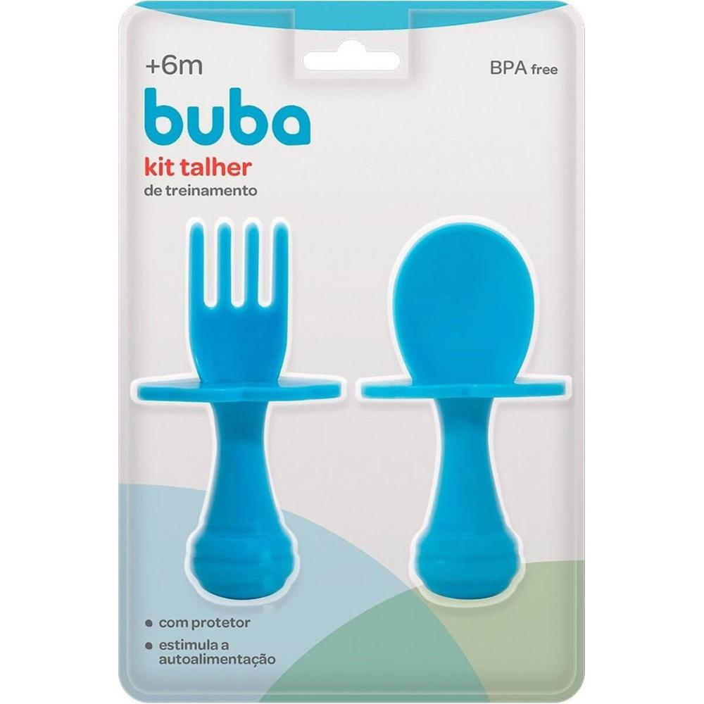 Kit Talheres de Treinamento Buba Colher e Garfo para Bebê com Escudo Limitador Azul