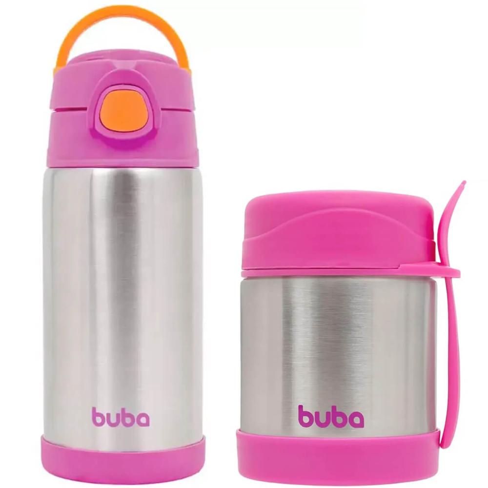Pote com Garfo e Garrafa Térmica Buba Rosa Inox Papinhas Frutas Menina +6m