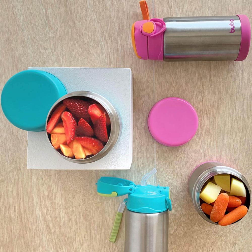 Pote com Garfo e Garrafa Térmica Buba Rosa Inox Papinhas Frutas Menina +6m