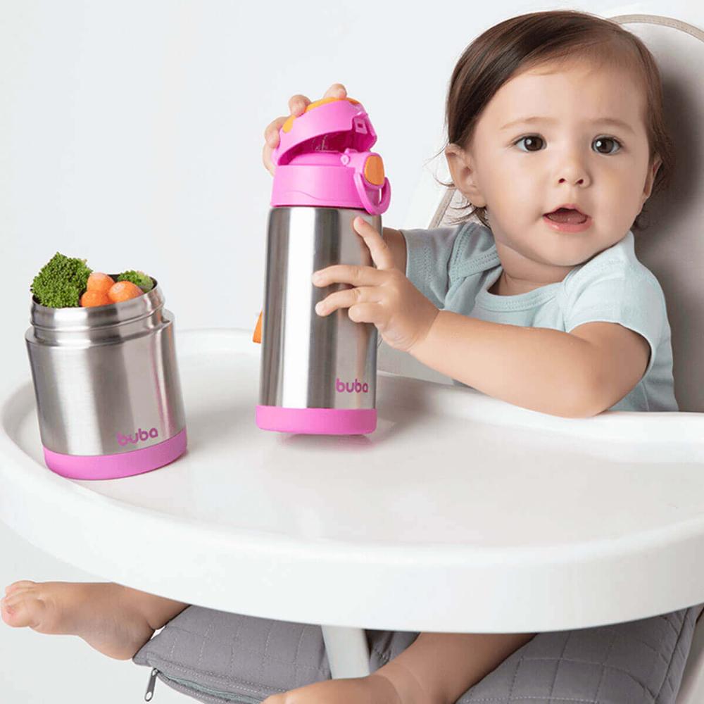 Pote com Garfo e Garrafa Térmica Buba Rosa Inox Papinhas Frutas Menina +6m