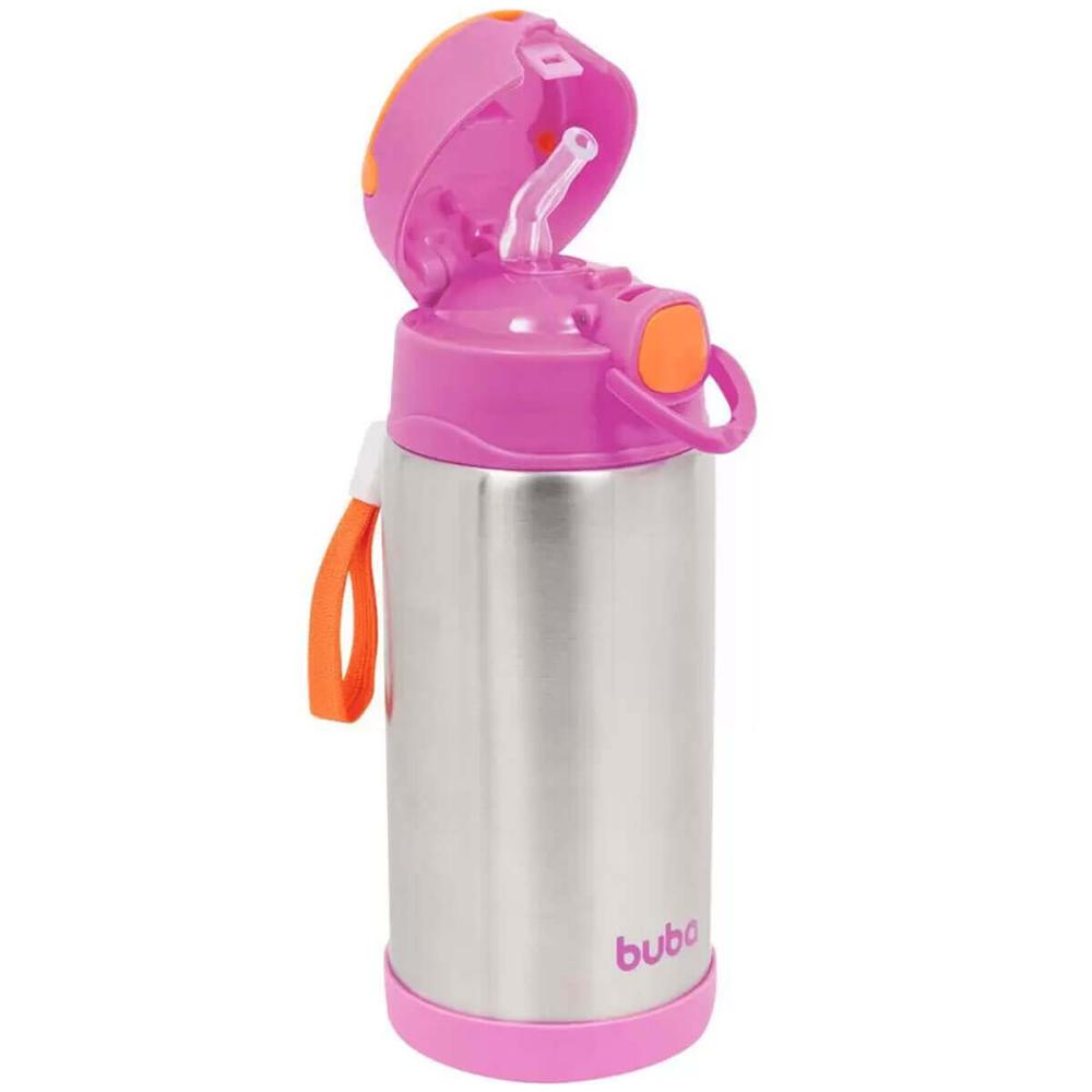 Pote com Garfo e Garrafa Térmica Buba Rosa Inox Papinhas Frutas Menina +6m