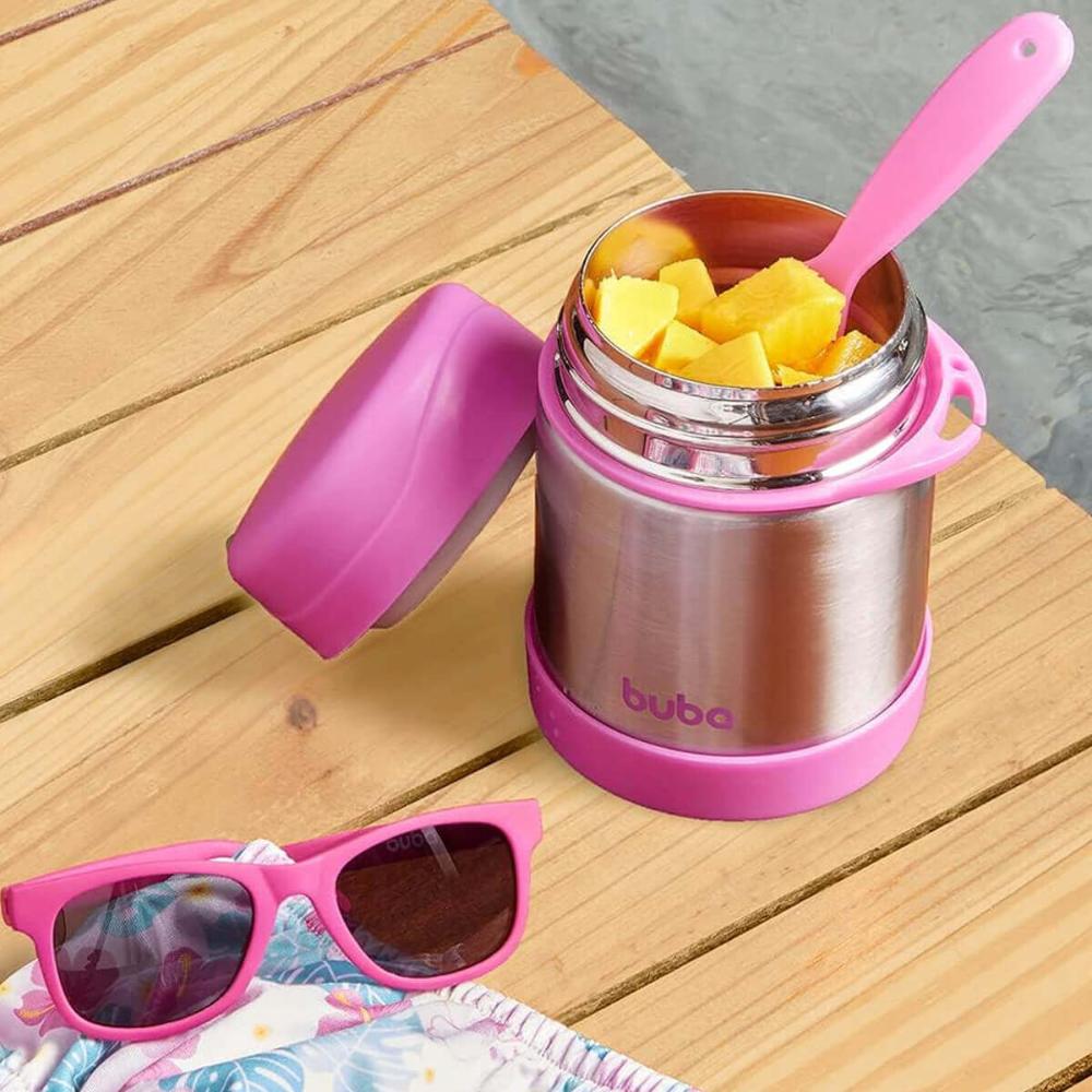 Pote com Garfo e Garrafa Térmica Buba Rosa Inox Papinhas Frutas Menina +6m