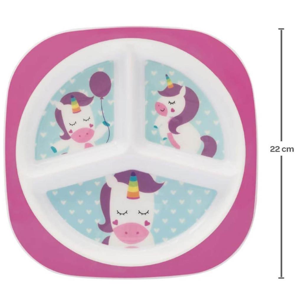 Prato Divertido Raso com 3 Divisórias Alimentação Infantil Buba Unicórnio Rosa