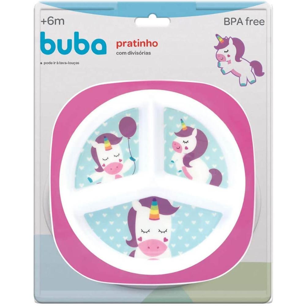Prato Divertido Raso com 3 Divisórias Alimentação Infantil Buba Unicórnio Rosa