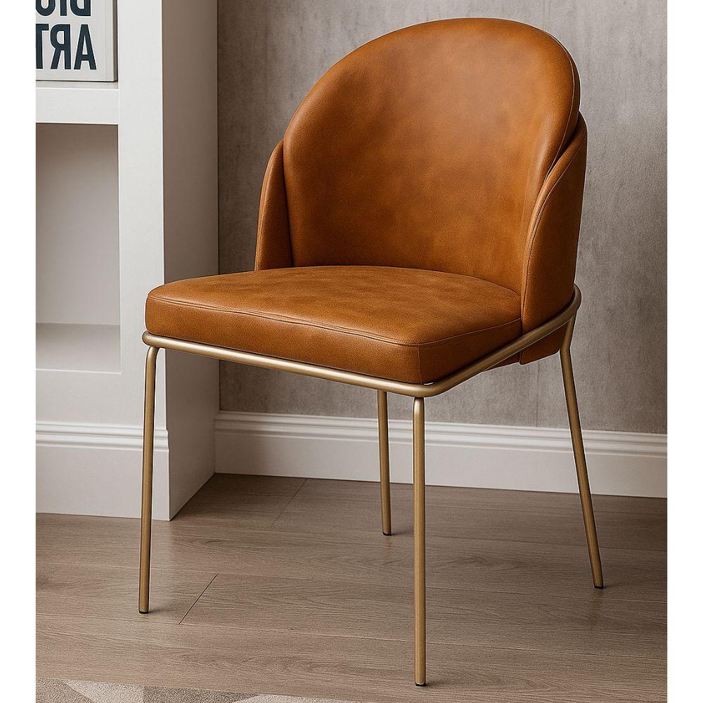 Cadeira Aurora Couro Caramelo Metal Champanhe