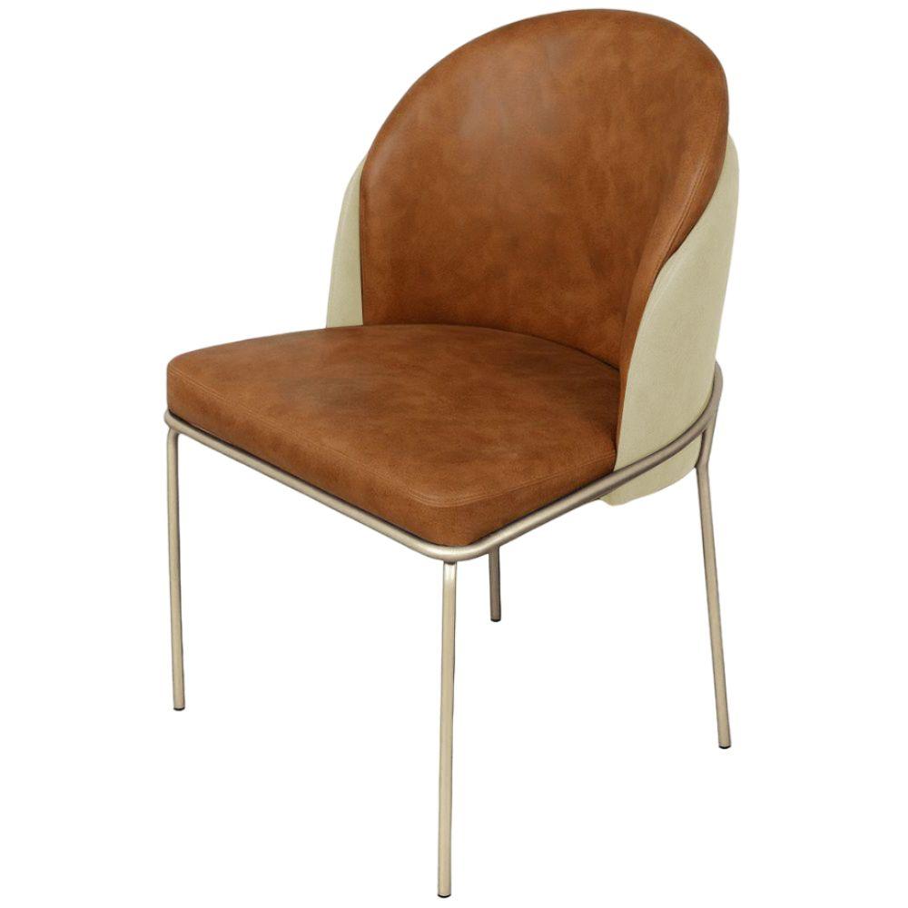 Cadeira Aurora Couro Caramelo com Pérola Metal Champanhe