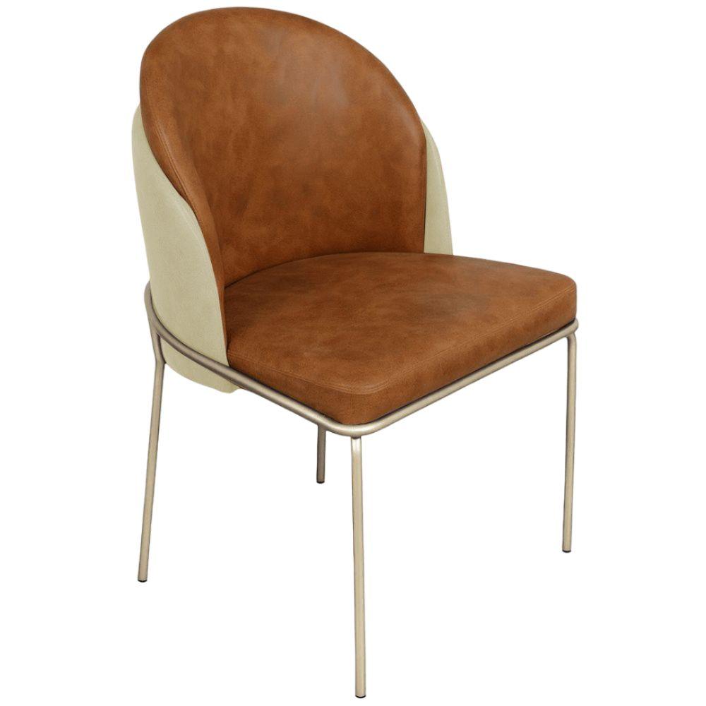 Cadeira Aurora Couro Caramelo com Pérola Metal Champanhe