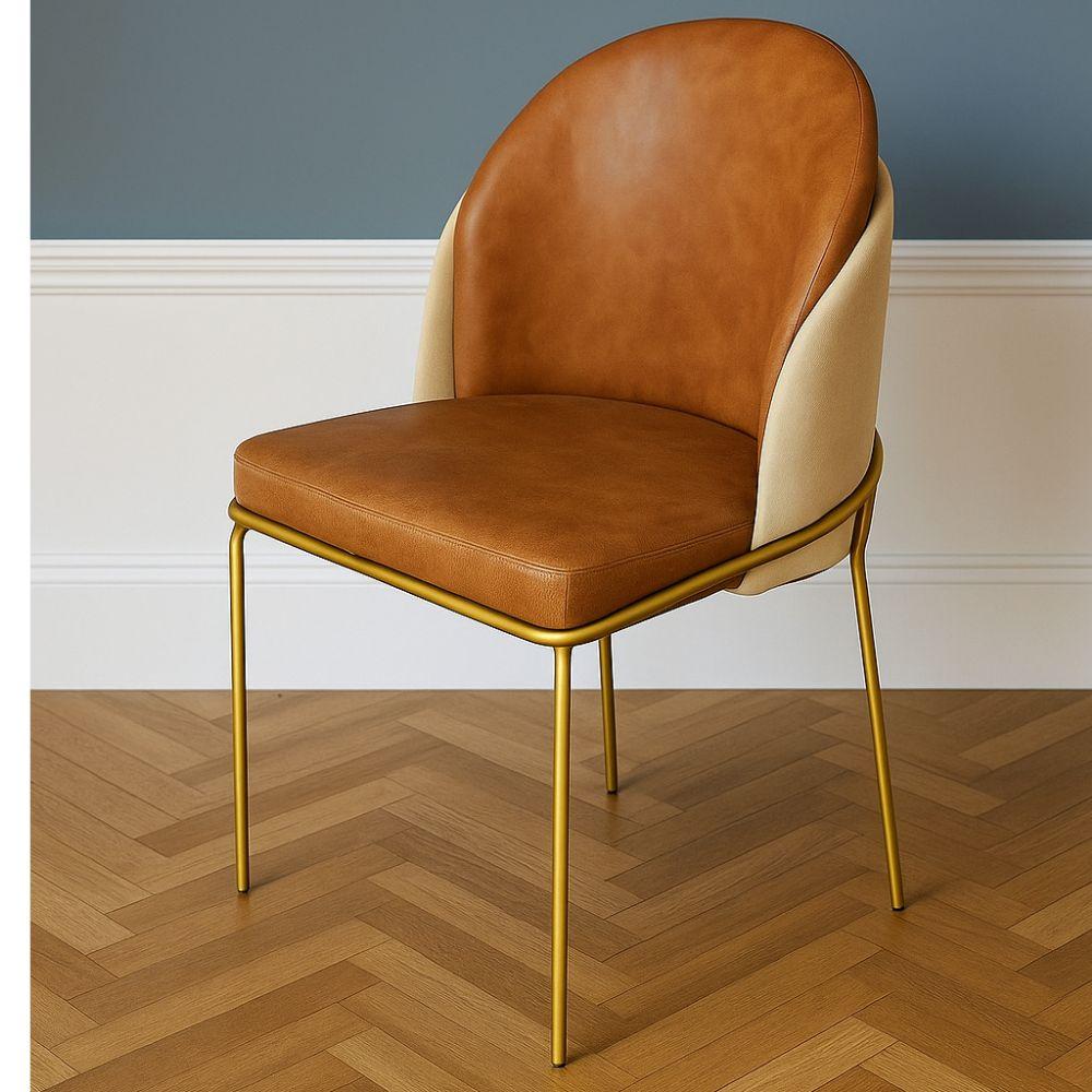 Cadeira Aurora Couro Caramelo com Pérola Metal Dourado