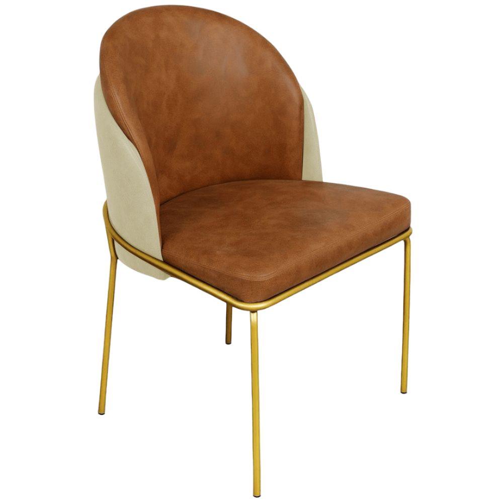 Cadeira Aurora Couro Caramelo com Pérola Metal Dourado