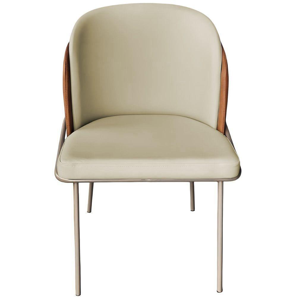 Cadeira Aurora Couro Pérola com Caramelo Metal Champanhe