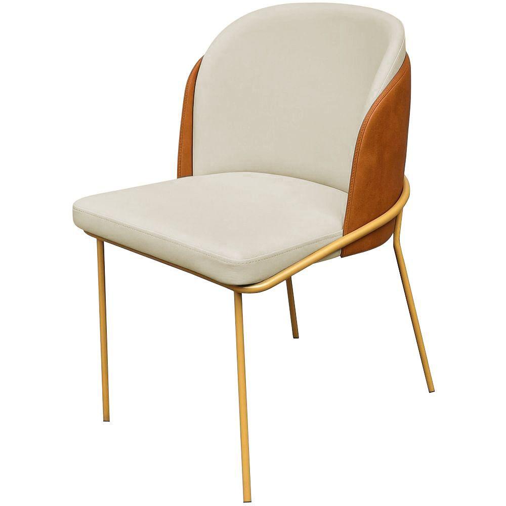 Cadeira Aurora Couro Pérola com Caramelo Metal Dourado