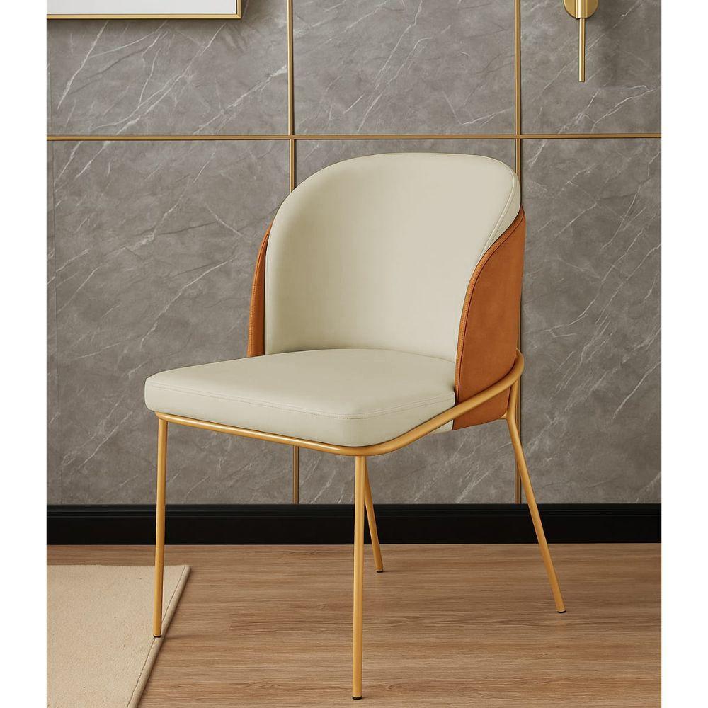 Cadeira Aurora Couro Pérola com Caramelo Metal Dourado