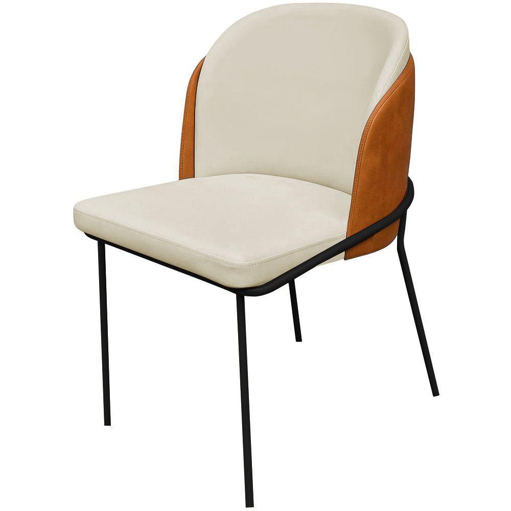 Cadeira Aurora Couro Pérola com Caramelo Metal Preto