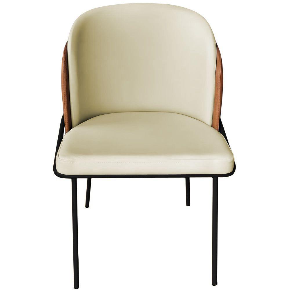 Cadeira Aurora Couro Pérola com Caramelo Metal Preto