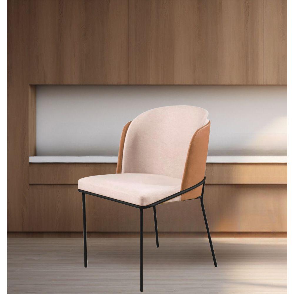 Cadeira Aurora Linho Bege Couro Caramelo Metal Preto