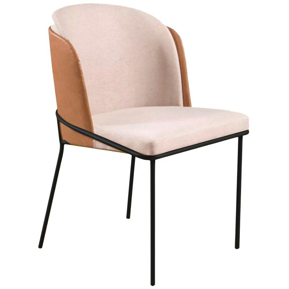 Cadeira Aurora Linho Bege Couro Caramelo Metal Preto