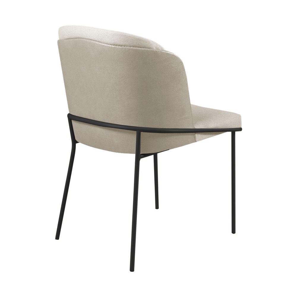 Cadeira Aurora Linho Bege Couro Pérola Metal Preto