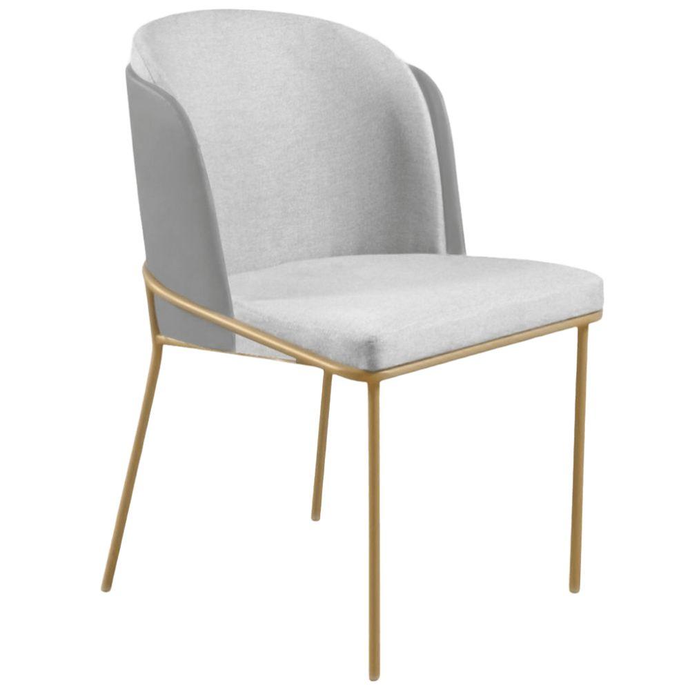 Cadeira Aurora Linho Cinza Couro Cinza Metal Dourado