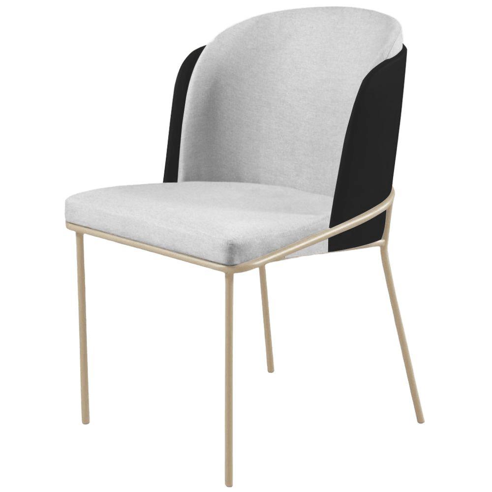 Cadeira Aurora Linho Cinza Couro Preto Metal Champanhe