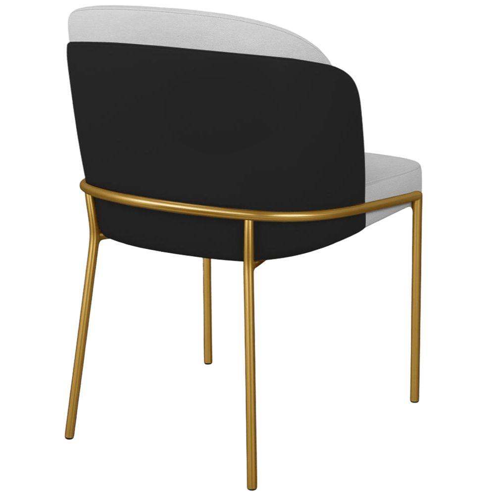 Cadeira Aurora Linho Cinza Couro Preto Metal Dourado