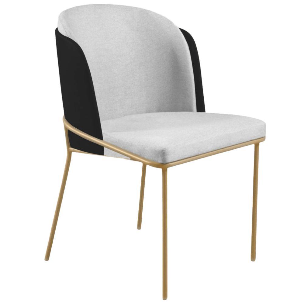 Cadeira Aurora Linho Cinza Couro Preto Metal Dourado