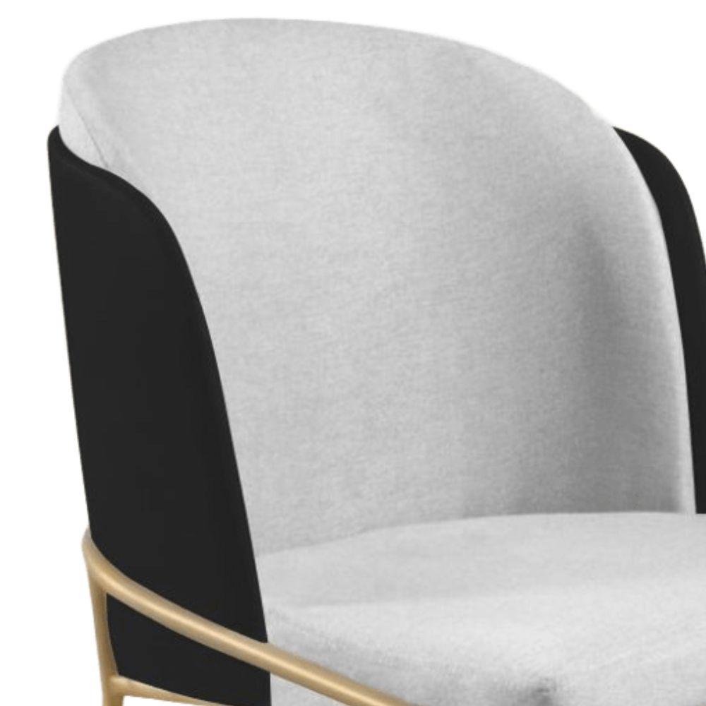 Cadeira Aurora Linho Cinza Couro Preto Metal Dourado