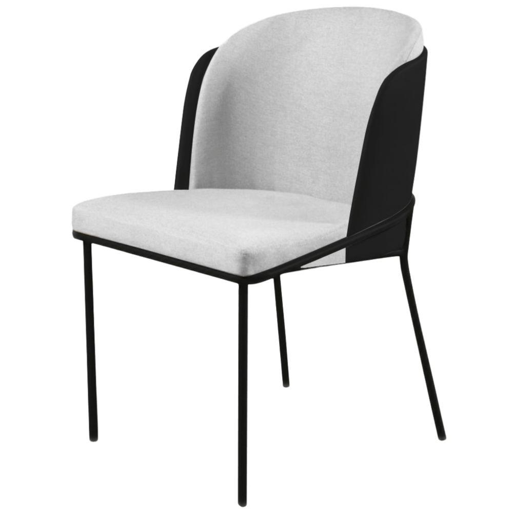Cadeira Aurora Linho Cinza Couro Preto Metal Preto