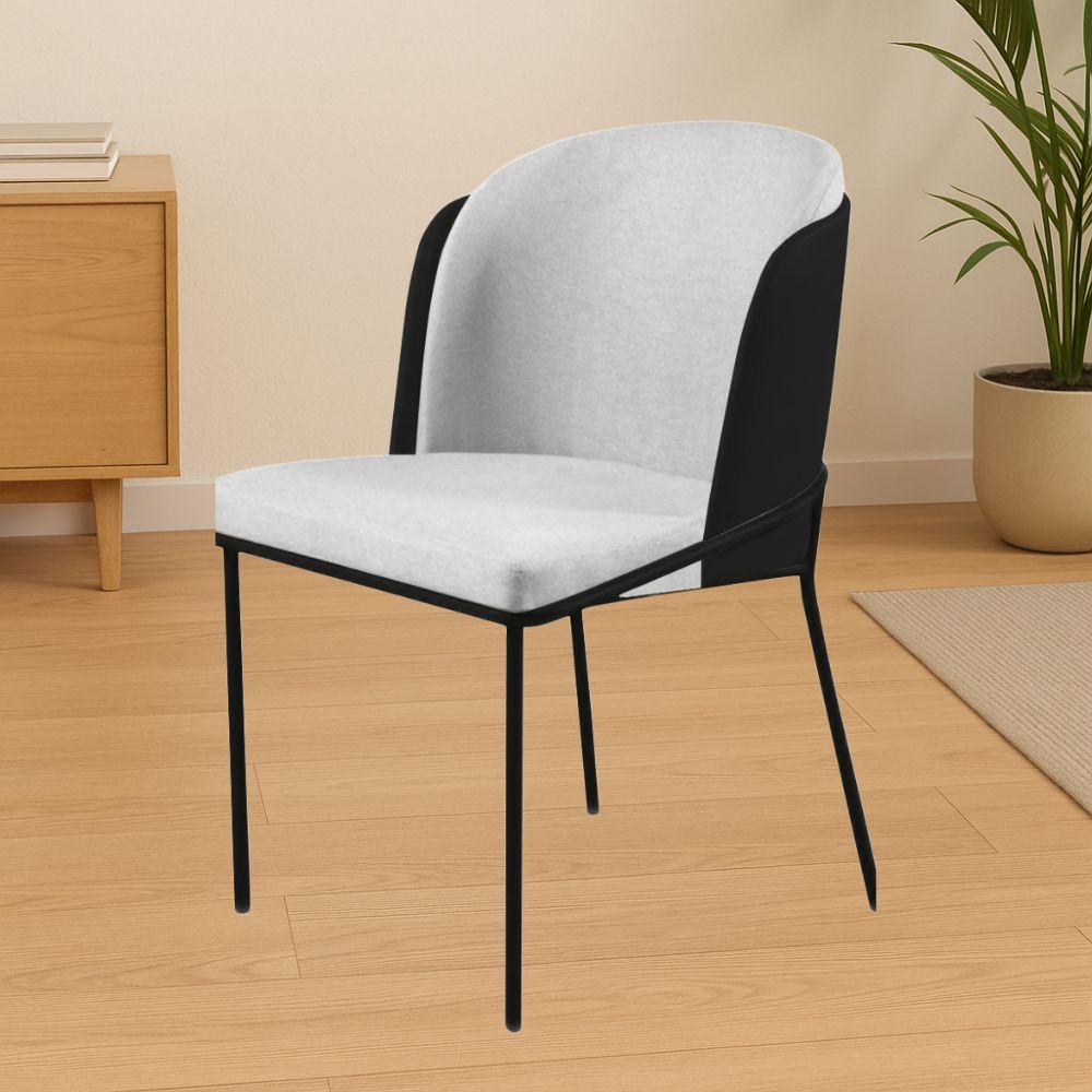 Cadeira Aurora Linho Cinza Couro Preto Metal Preto