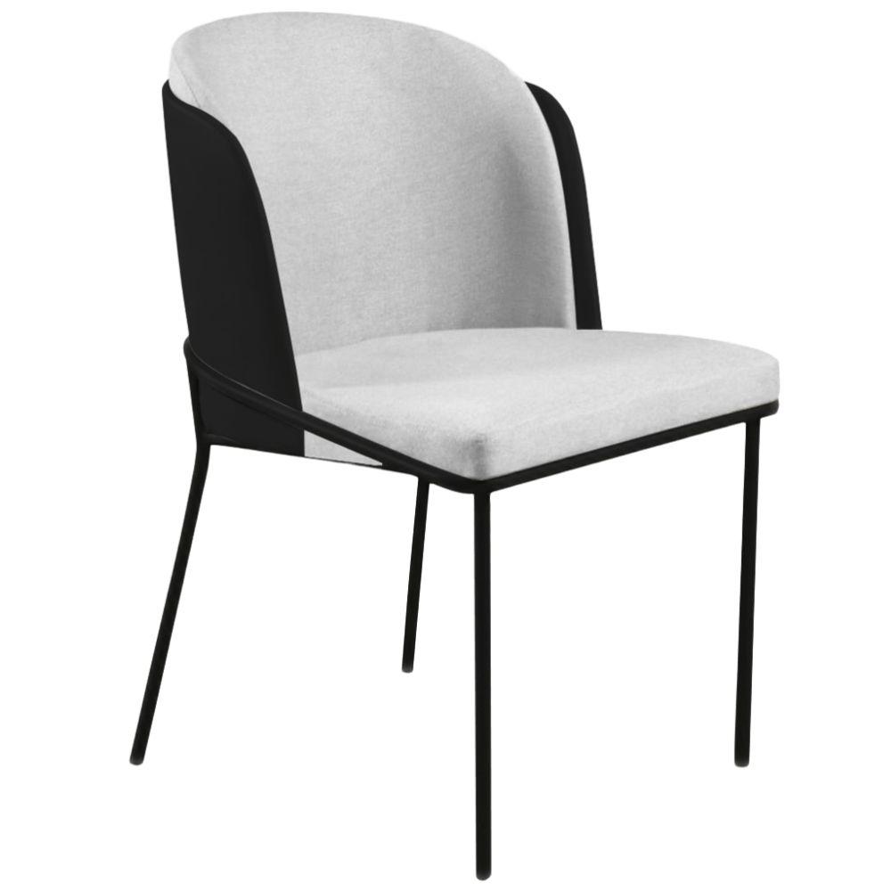 Cadeira Aurora Linho Cinza Couro Preto Metal Preto