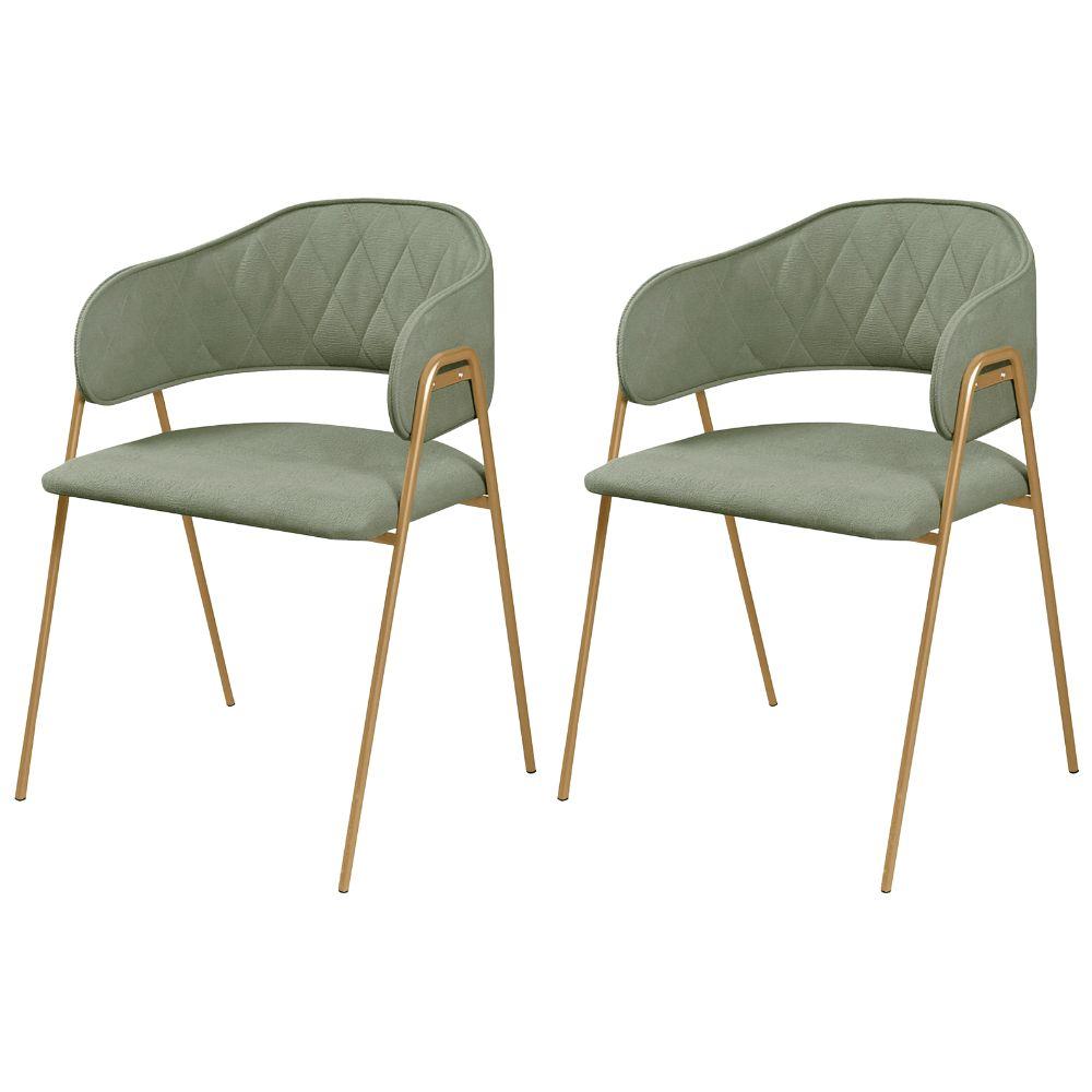 Conjunto 2 Cadeiras Veneza Bouclé Verde Oliva Metal Dourado