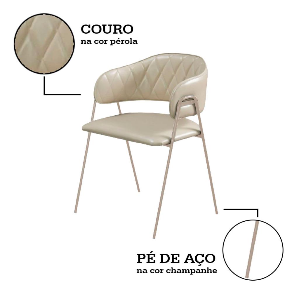 Conjunto 2 Cadeiras Veneza no Couro Pérola e Metal Champanhe