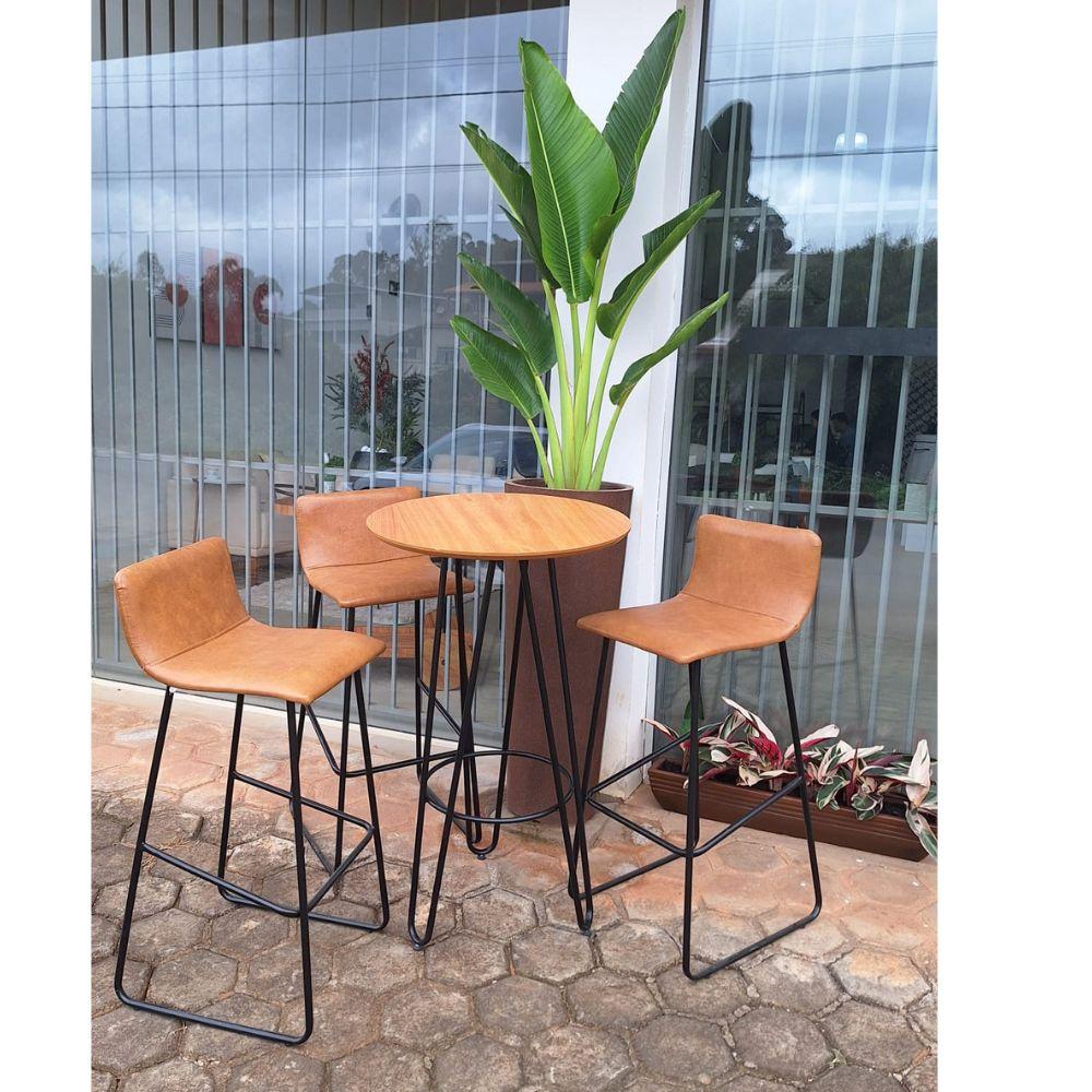 Conjunto 3 Banquetas Dubai Couro Caramelo Metal Preto