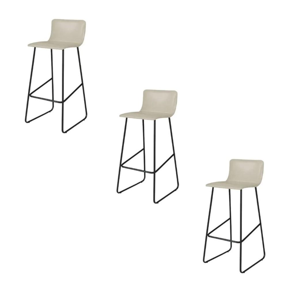 Conjunto 3 Banquetas Dubai Couro Pérola Metal Preto