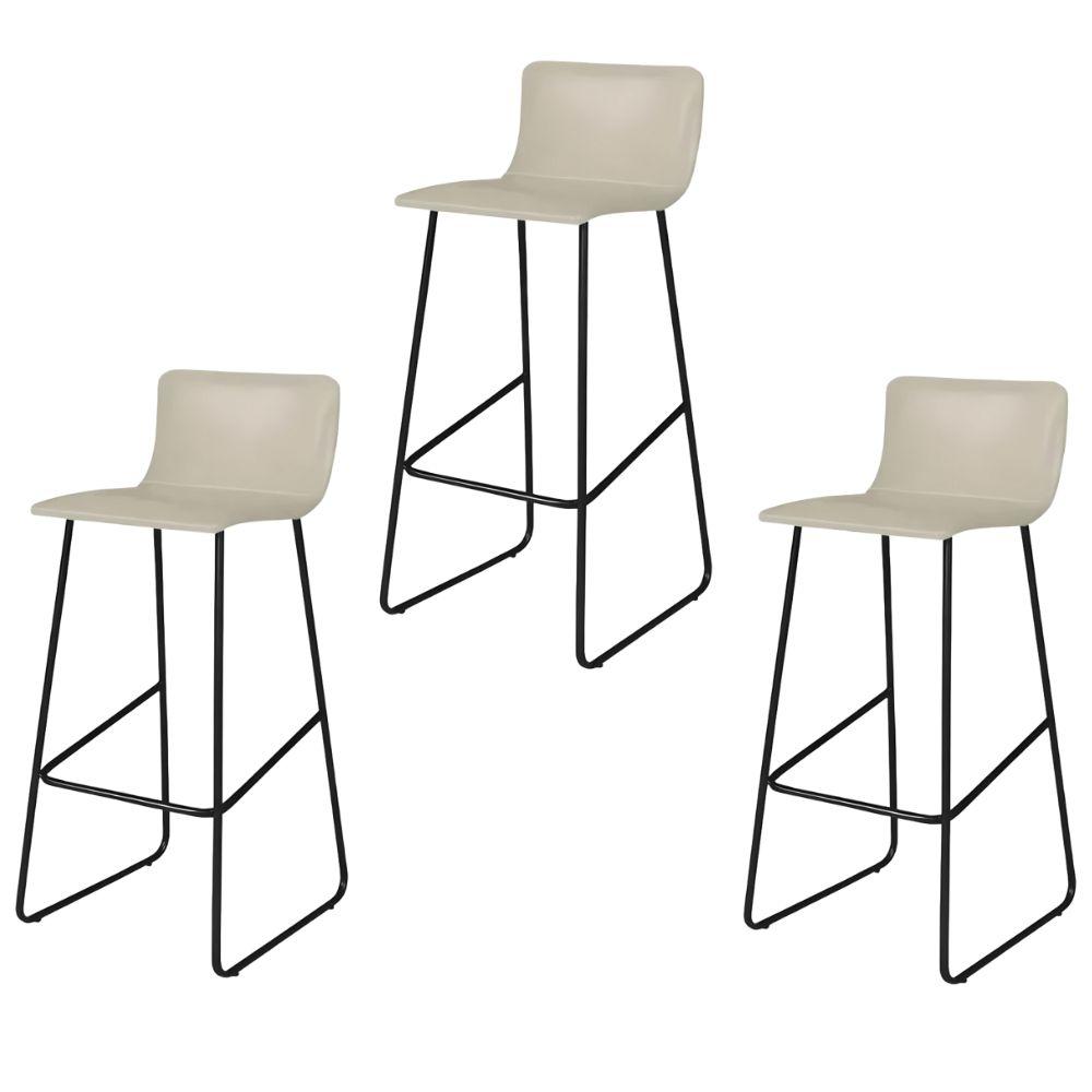 Conjunto 3 Banquetas Dubai Couro Pérola Metal Preto