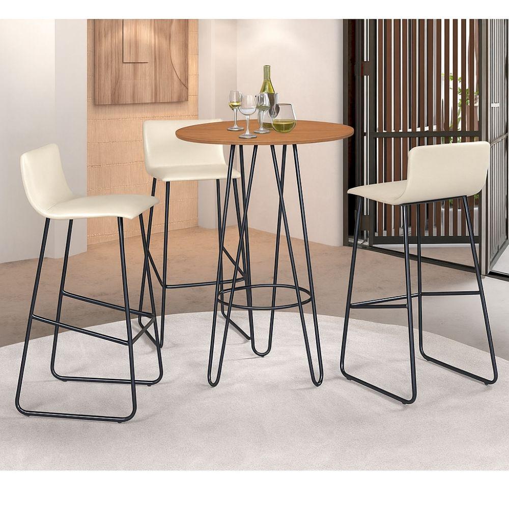 Conjunto 3 Banquetas Dubai Couro Pérola Metal Preto
