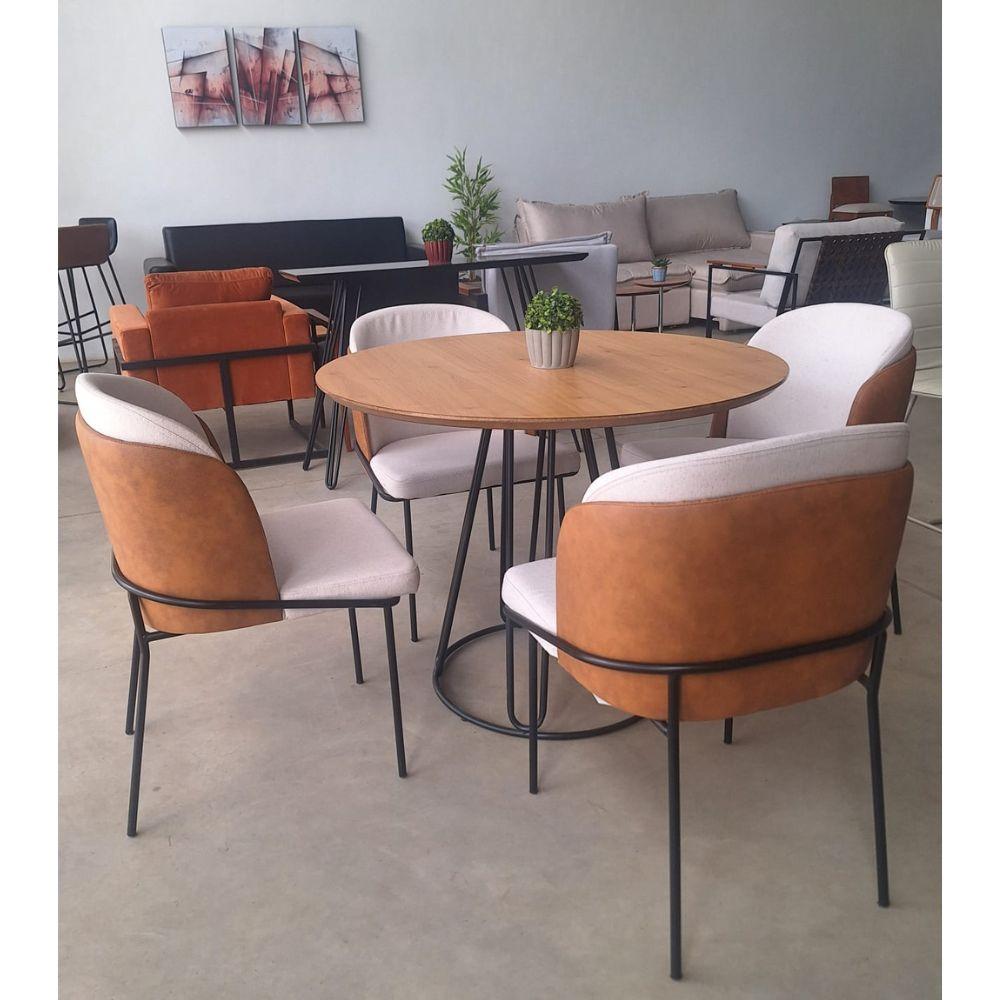 Conjunto 4 Cadeiras Aurora Linho Bege Couro Caramelo Metal Preto