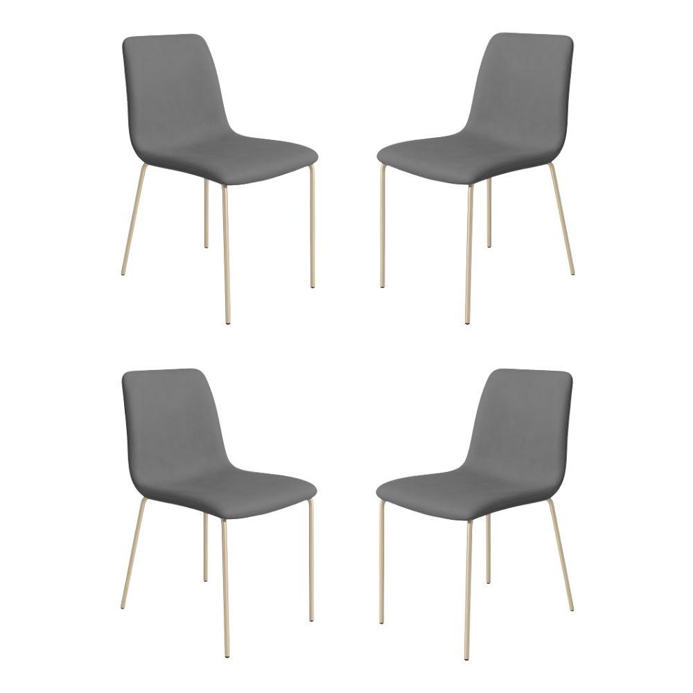 Conjunto 4 Cadeiras Malu Couro Cinza Metal Champanhe