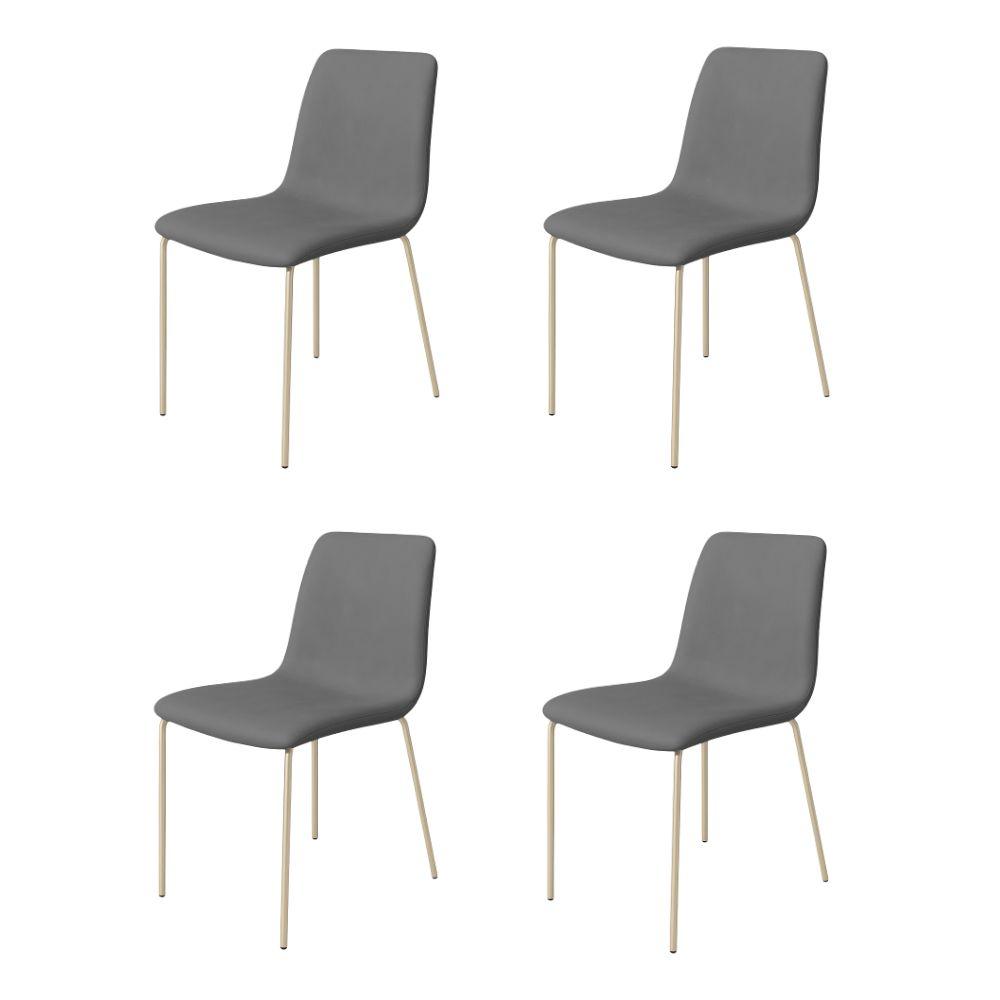 Conjunto 4 Cadeiras Malu Couro Cinza Metal Champanhe