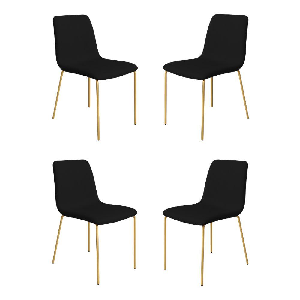 Conjunto 4 Cadeiras Malu Couro Preto Metal Dourado