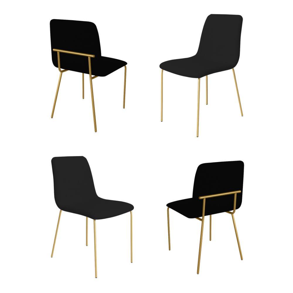 Conjunto 4 Cadeiras Malu Linho Preto Metal Dourado