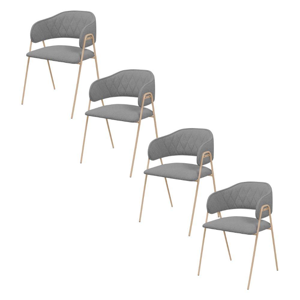 Conjunto 4 Cadeiras Veneza Bouclé Cinza Metal Champanhe