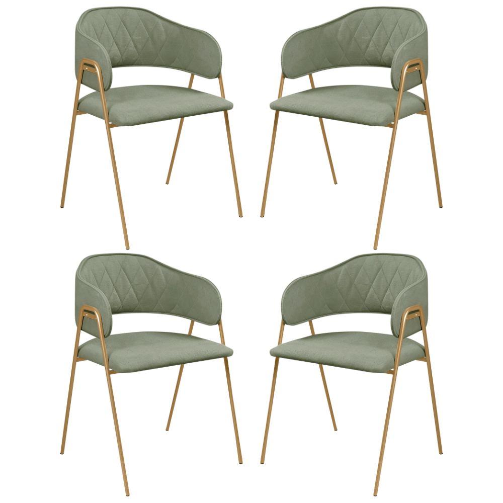 Conjunto 4 Cadeiras Veneza Bouclé Verde Oliva Metal Dourado