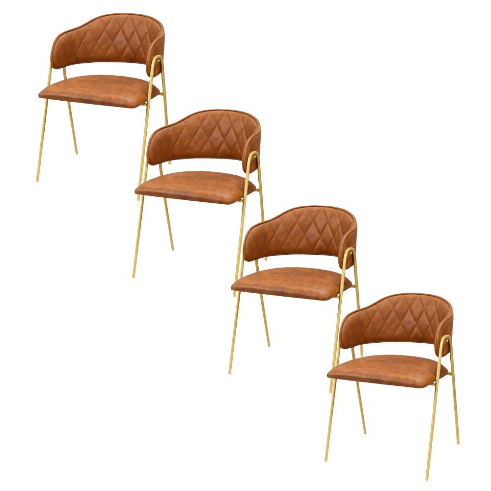 Conjunto 4 Cadeiras Veneza Couro Caramelo Metal Dourado